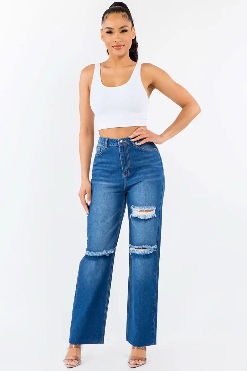 American Bazi High Waist Distressed Wide Leg Jeans - Love Salve